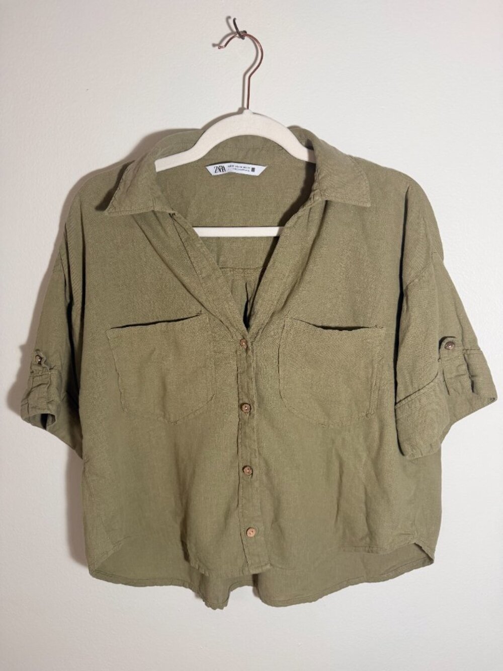 Zara Olive Linen Blend Button Up Utility Shirt Relaxed Fit Top